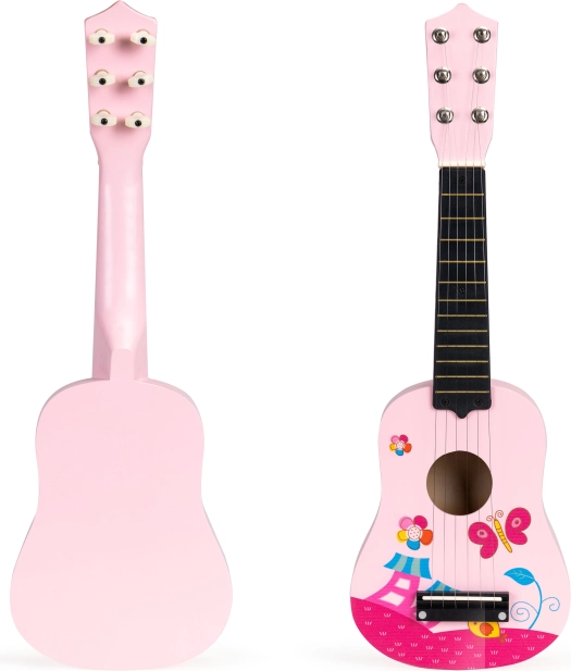 Vaikiška rožinė medinė gitara su metalinėmis stygomis ECOTOYS