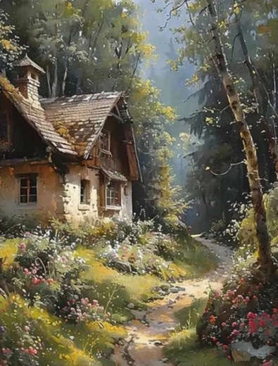 Deimantinė tapyba „Trobelė miške“ 30 × 40 cm