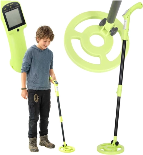 Kids metal detector with LED display, waterproof coil, and accessories