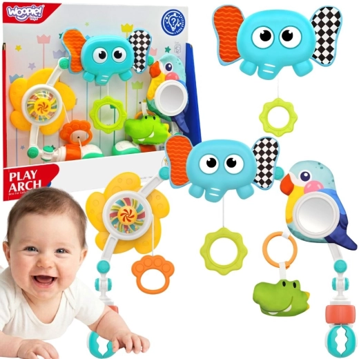 Woopie baby sensory activity arch with toys for crib and stroller – elephant and parrot