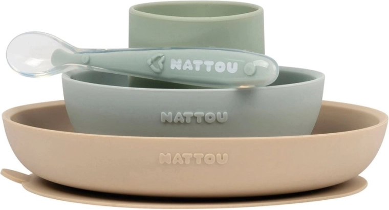 Nattou silikoninis maitinimo rinkinys 4 vnt., smėlio–žalias, be BPA