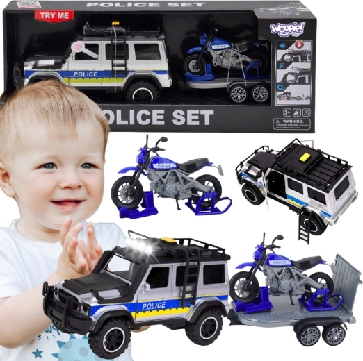 Woopie policijos visureigis su priekaba ir motociklu