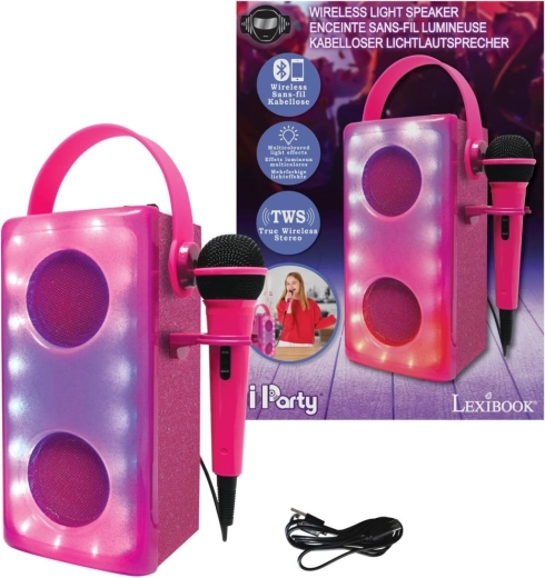 Rožinis „LEXIBOOK iParty“ karaoke „Bluetooth“ garsiakalbis su mikrofonu ir šviesos efektais