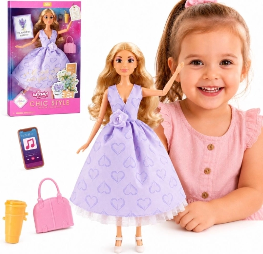 Woopie lėlė Lily su ilgais blond plaukais 30 cm, su levandine suknele ir priedais