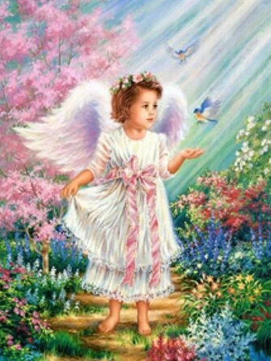 Deimantinė mozaika Angelėlis su paukšteliais 30 × 40 cm