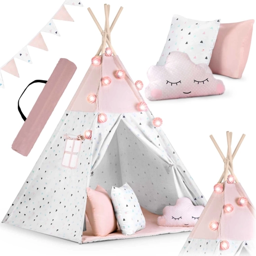 Vaikiškas teepee su girlianda ir lemputėmis NUKIDO – rožinis