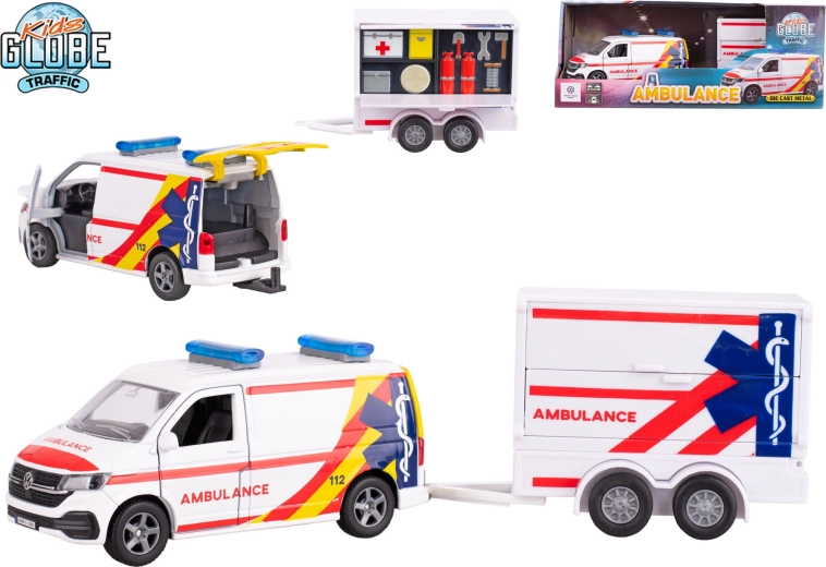 Kids Globe Traffic greitosios pagalbos automobilis VW Transporter su priekaba 1:16