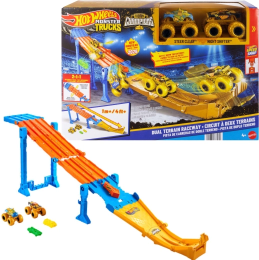 Hot Wheels Monster Trucks 2 viename lenktynių trasa „Dual Terrain Raceway“ + 2 monster truckai