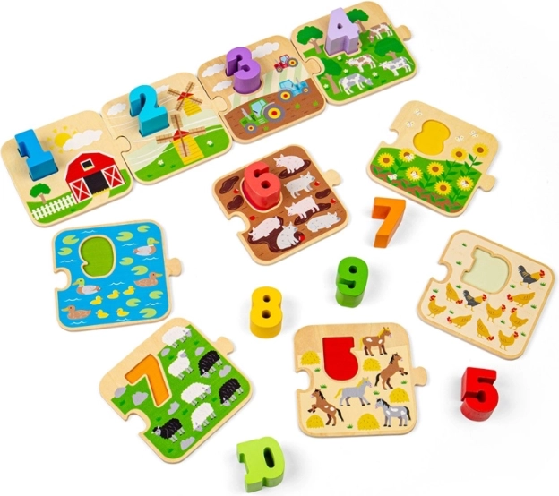 BIGJIGS TOYS wooden puzzle with pictures and numbers 1–10 (Life on the Farm)