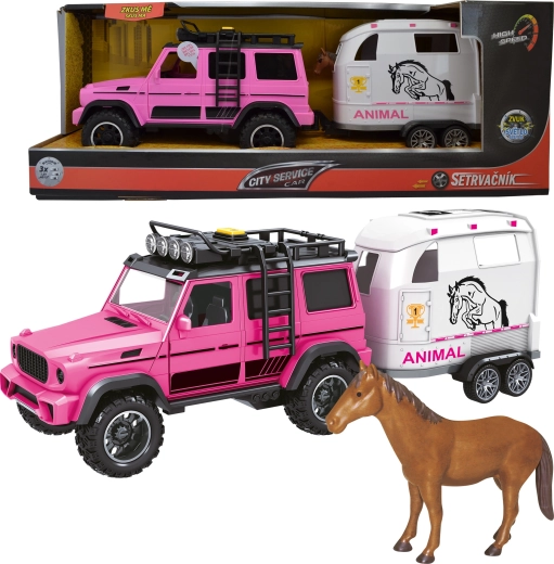 Pink off-road car with trailer and horse 1:14 with lights and sounds