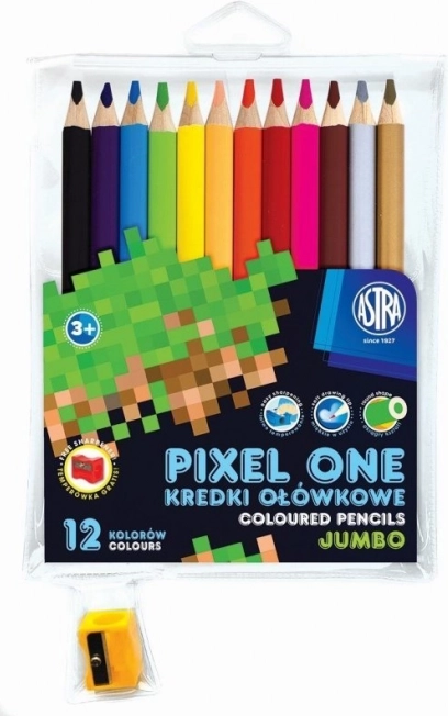 ASTRA Pixel One jumbo spalvoti pieštukai 12 vnt. su drožtuku