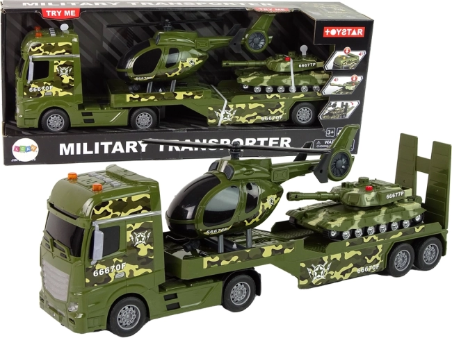 Military set – truck with trailer, helicopter and tank with flywheel