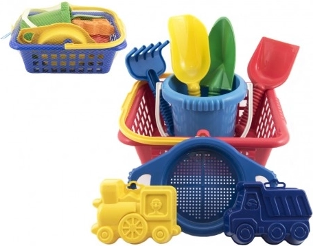 Vaikiškas smėlio rinkinys su krepšeliu, kibirėliu ir formelėmis