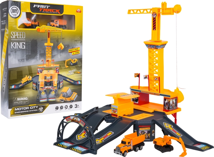 Construction Parking Garage with Crane and Vehicles