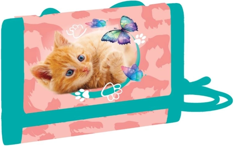 Kids’ fabric wallet Cat for neck with hook-and-loop closure