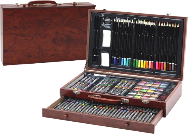 Meno rinkinys mediniame lagaminėlyje: pieštukai, pastelės, dažai