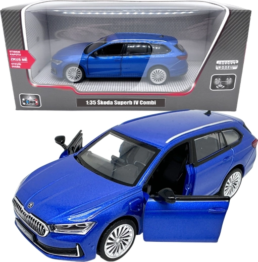Metalinis modelis Škoda Superb IV Combi 1:35 mėlynas su šviesomis ir garsais