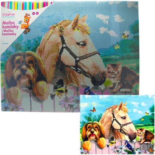 Deimantinė mozaika – berniukas, šuo ir katė 40 × 50 cm