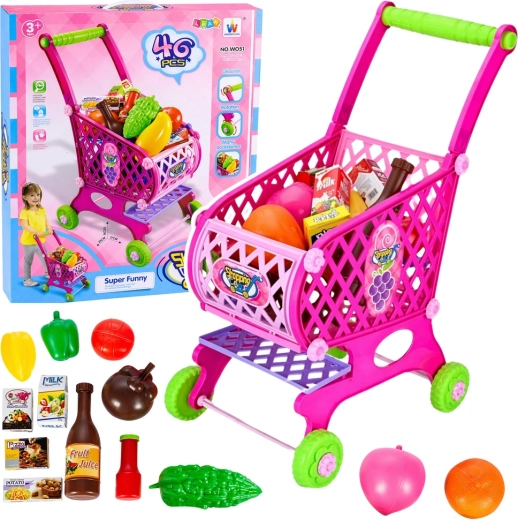 Rožinis vaikiškas pirkinių vežimėlis su maisto produktais, 46 dalys, 52 cm