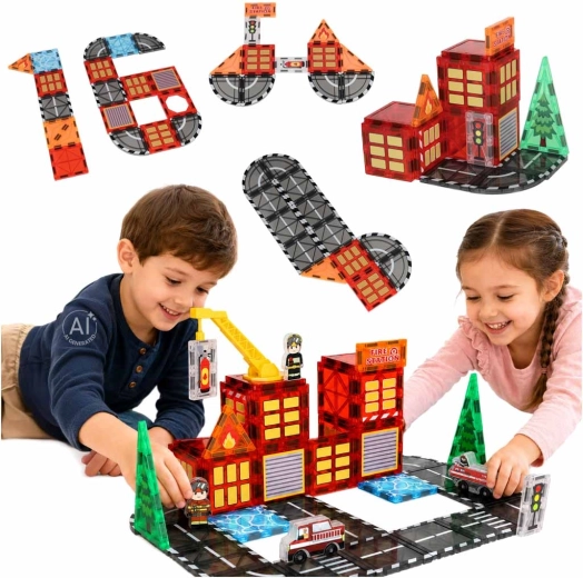 Magnetinės konstrukcinės 3D kaladėlės – gaisrinė stotis (48 dalių)