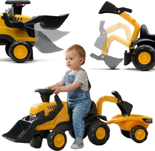 Vaikiškas stumiamas traktoriukas JCB su priekaba, kastuvėliu ir grėbliukais vaikams nuo 1 iki 3 metų