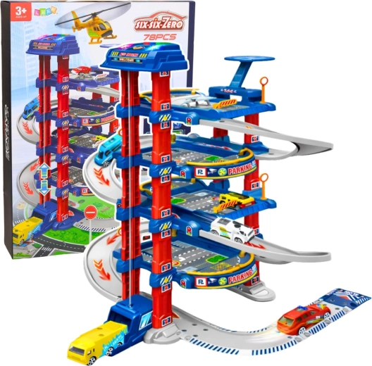 Didelė daugiapakopė automobilių stovėjimo aikštelė su elektriniu liftu ir automobiliukų trasa