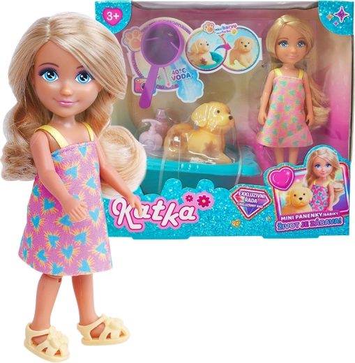 Lėlė Katka su šuniuku ir vonia