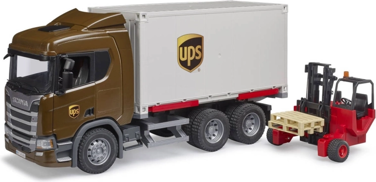 BRUDER Scania Super 560R UPS logistinis sunkvežimis su šakiniu krautuvu