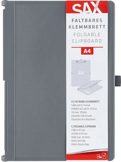 SAX A4 Folding Clipboard with Closure, Grey