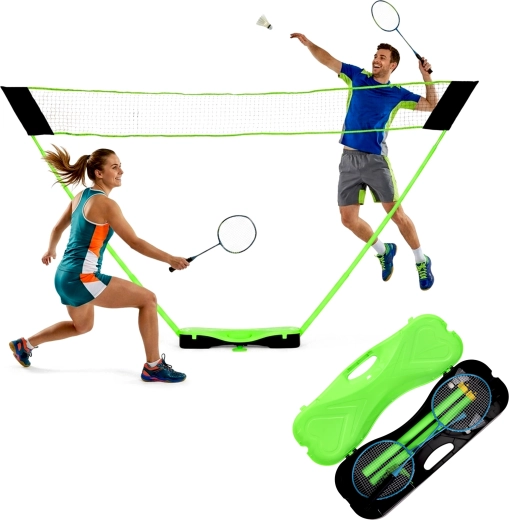 MovepRro sulankstomas badmintono rinkinys su nešiojamu tinklu 300 × 156 cm, raketėmis ir plunksniukais lagaminėlyje