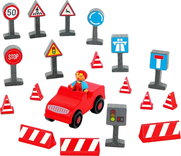 Jeujura medinės vairuotojo figūrėlės su automobiliuku ir kelio ženklais