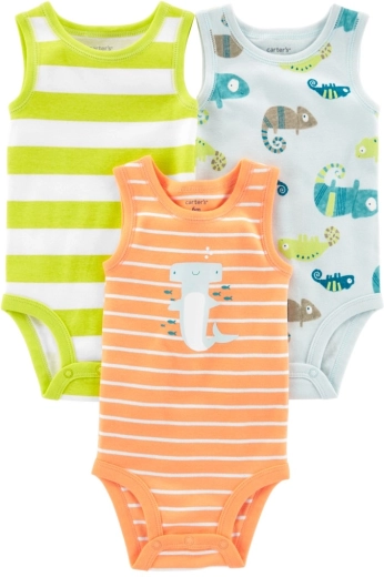 CARTER'S medvilniniai kūdikių smėlinukai be rankovių Stripes Animals berniukams, 3 vnt. – 6 mėn.