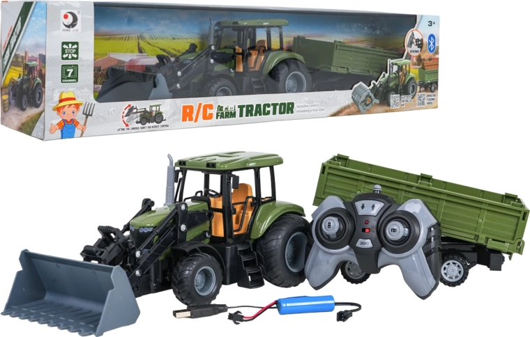 Green RC Tractor with Front Loader and Trailer, 1:20 Scale