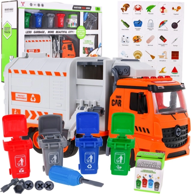 Interaktyvus šiukšlių surinkimo sunkvežimis vaikams 3+ su 4 konteineriais ir kortelėmis atliekų rūšiavimui
