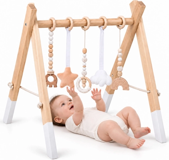 Medinis kūdikių žaislų lankas „Baby Gym“ su 5 pakabinamais žaislais