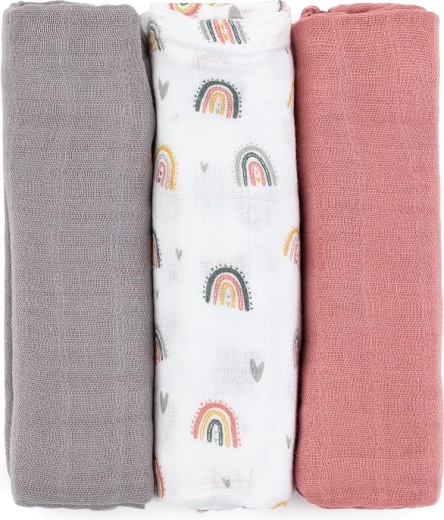 Petite&Mars bambukinės muslino sauskelnės Moussy rose rainbows 3 vnt. 68 × 68 cm