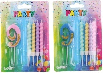 Vakarėlio žvakė skaičius 9 su papildomomis žvakutėmis