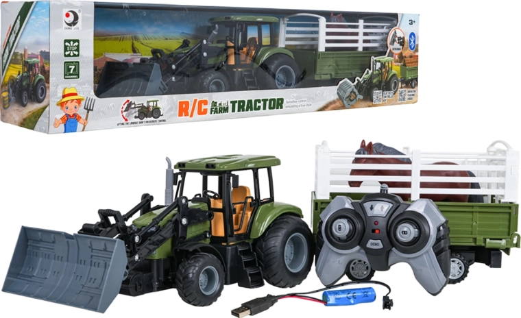 Green remote-controlled tractor with loader, trailer and horse, 1:20