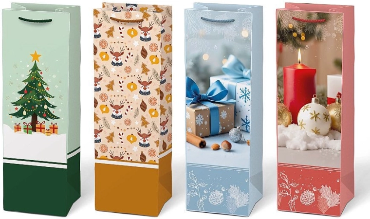 Christmas paper gift bag for a bottle with a printed design - 1 piece