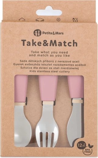 Petite&Mars nerūdijančio plieno vaikiškų stalo įrankių rinkinys take&match dusty rose 12m+