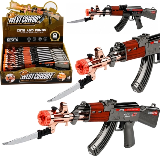 Linksmas AK-47 žaislinis šautuvas su baterijomis, šviesomis, garsais ir garų efektu