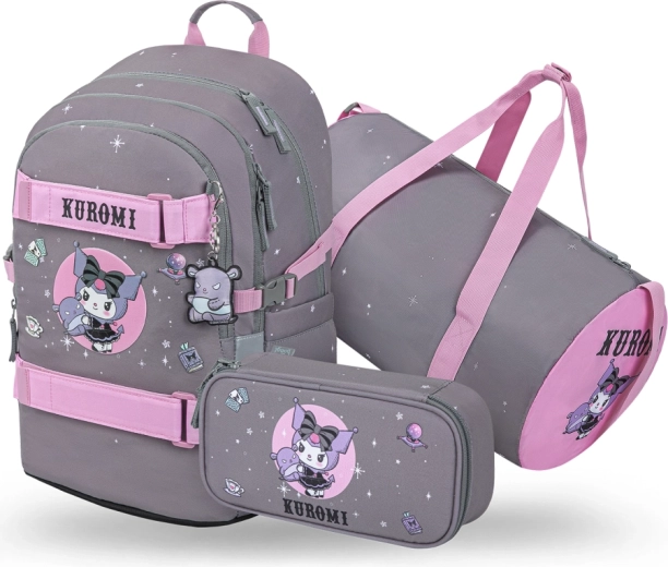 Baagl rinkinys 3 Skate Kuromi Grey – mokyklinė kuprinė, penalas ir sportinis krepšys (GRS)