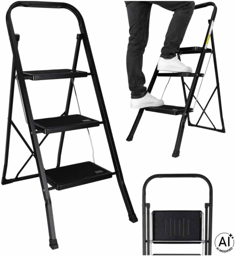 Steel folding step ladder with 3 steps and non-slip surface