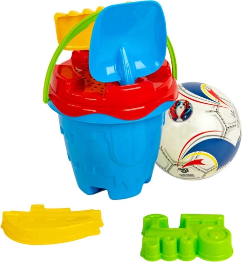 Sand set with a castle-shaped bucket, ball and tools