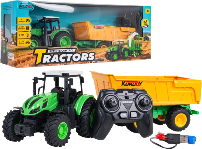 Remote-Controlled Tractor with Yellow Tipping Trailer 1:24