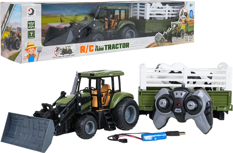 Green Remote-Controlled Tractor with Trailer and Bull 1:20