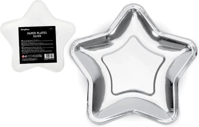 Sidabrinės žvaigždės formos popierinės lėkštutės 18 cm (6 vnt.)