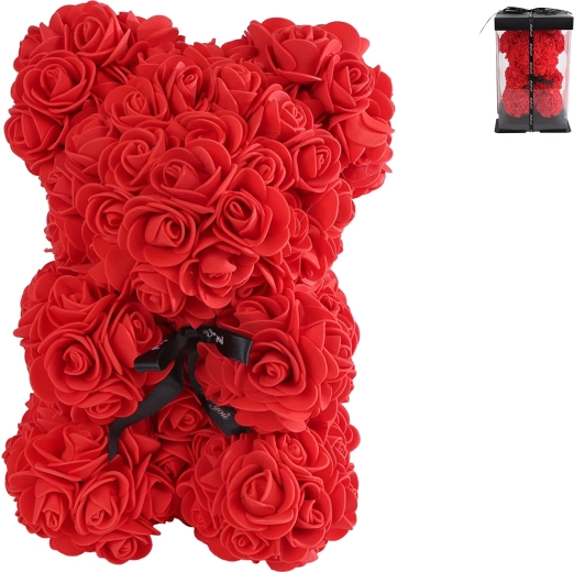 Red flower teddy bear in a gift box, 23 cm