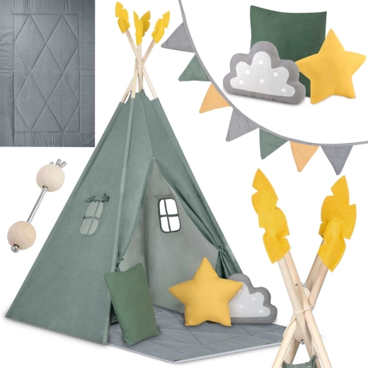 Nukido kids teepee tent green with mat and pillows