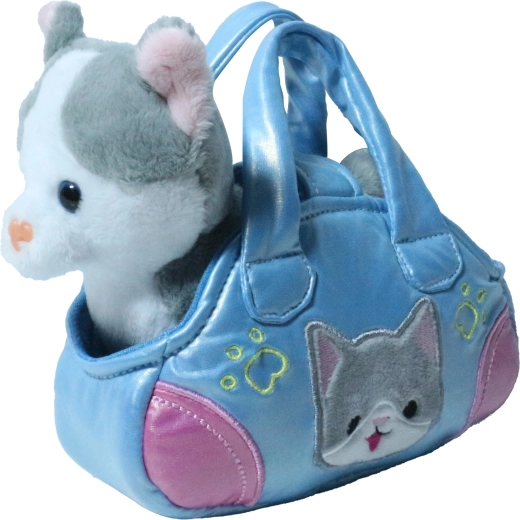 Plush gray and white cat in a handbag 17 cm